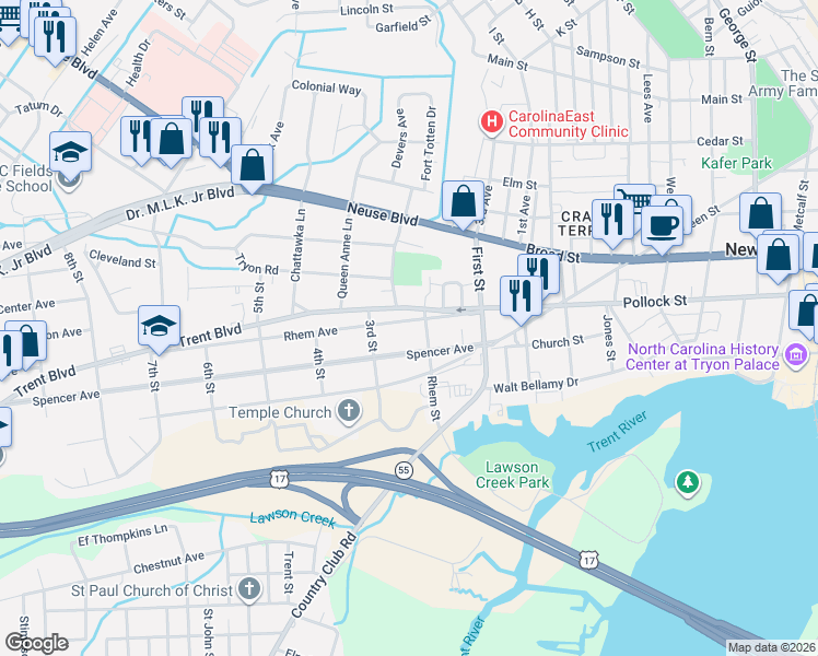 map of restaurants, bars, coffee shops, grocery stores, and more near 1407 Rhem Avenue in New Bern