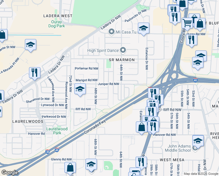 map of restaurants, bars, coffee shops, grocery stores, and more near 1820 Tierra Del Oso Drive Northwest in Albuquerque