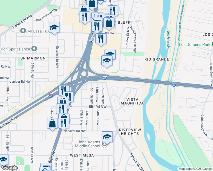 map of restaurants, bars, coffee shops, grocery stores, and more near 1820 Atrisco Drive Northwest in Albuquerque