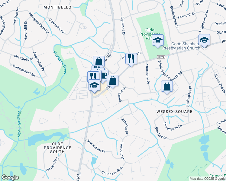 map of restaurants, bars, coffee shops, grocery stores, and more near 4245 Rea Road in Charlotte