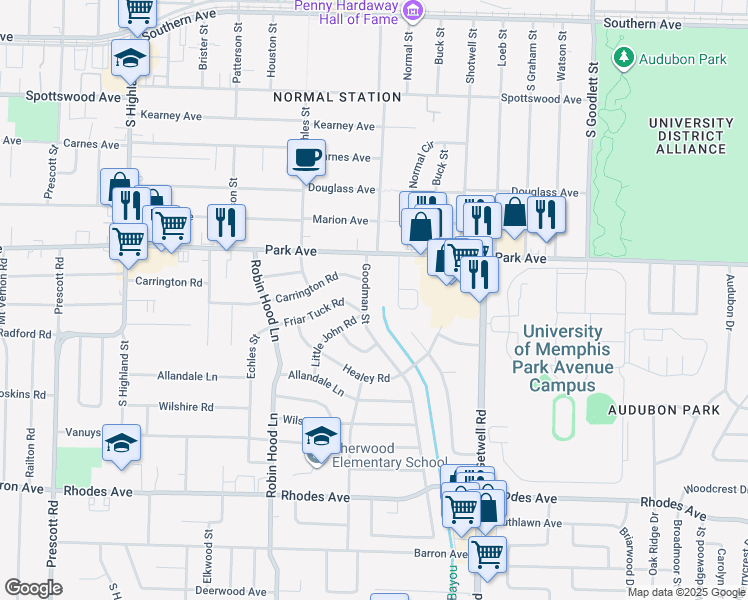 map of restaurants, bars, coffee shops, grocery stores, and more near 928 Goodman Street in Memphis