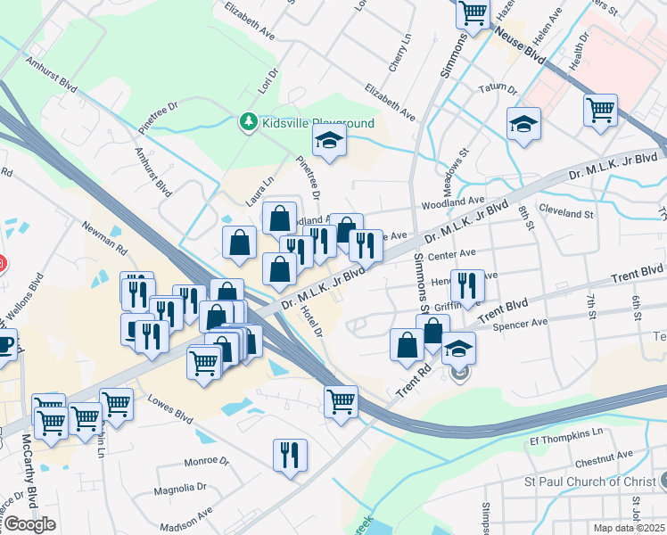 map of restaurants, bars, coffee shops, grocery stores, and more near 2410 Doctor Martin Luther King Junior Boulevard in New Bern