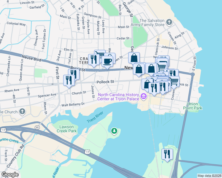 map of restaurants, bars, coffee shops, grocery stores, and more near 167 Fleet Street in New Bern