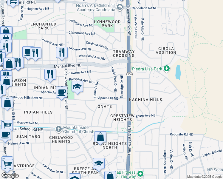 map of restaurants, bars, coffee shops, grocery stores, and more near 12531 Prospect Avenue Northeast in Albuquerque