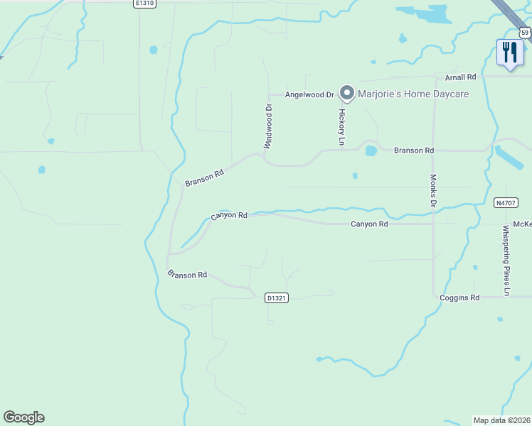 map of restaurants, bars, coffee shops, grocery stores, and more near 23068 Canyon Road in Poteau