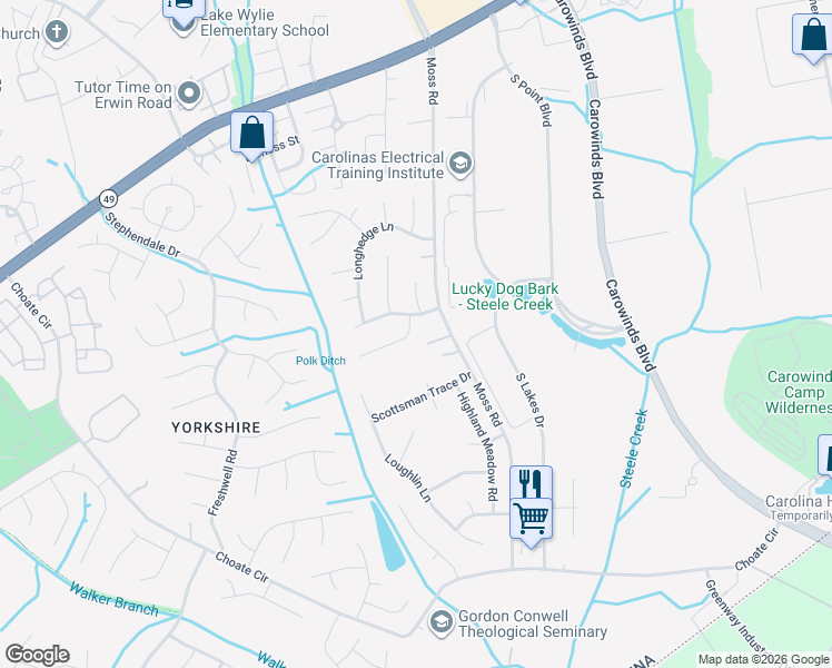 map of restaurants, bars, coffee shops, grocery stores, and more near 13705 Queenswater Lane in Charlotte