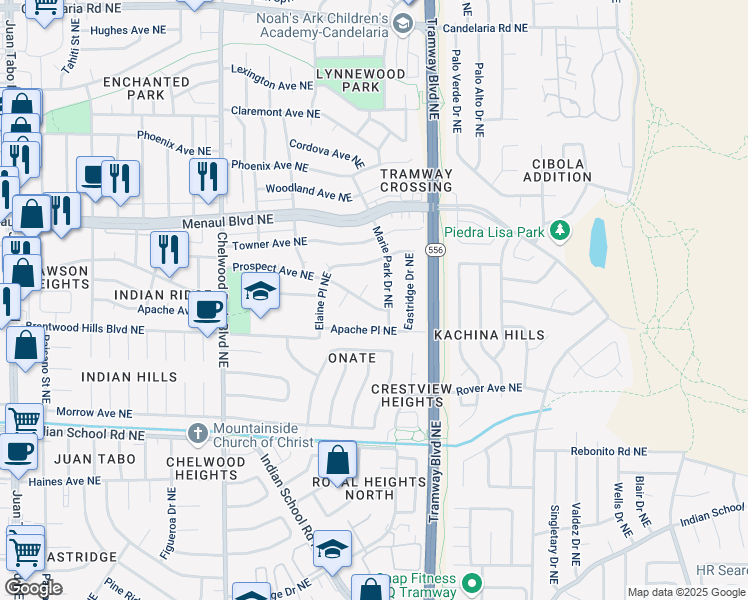 map of restaurants, bars, coffee shops, grocery stores, and more near 12531 Prospect Avenue Northeast in Albuquerque