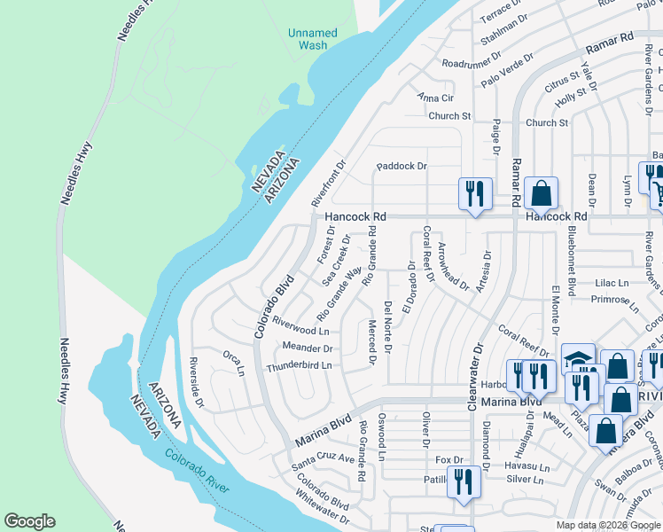 map of restaurants, bars, coffee shops, grocery stores, and more near 1779 Sea Creek Drive in Bullhead City