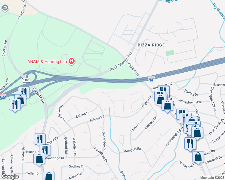 map of restaurants, bars, coffee shops, grocery stores, and more near 6474 Kelmscot Court in Fayetteville