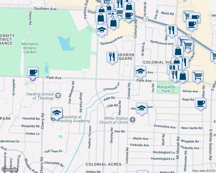 map of restaurants, bars, coffee shops, grocery stores, and more near 4680 Crossover Lane in Memphis