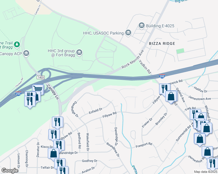 map of restaurants, bars, coffee shops, grocery stores, and more near 872 Danish Drive in Fayetteville
