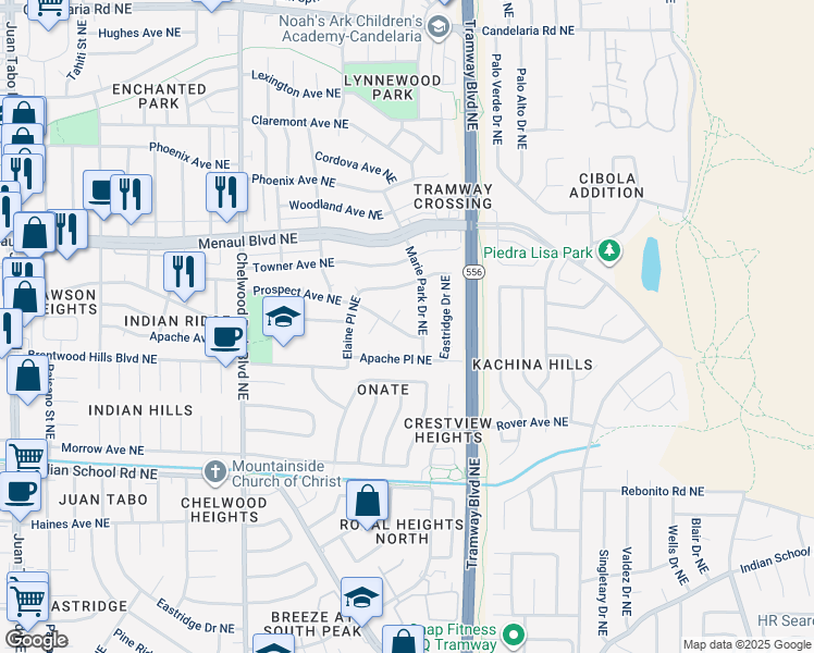 map of restaurants, bars, coffee shops, grocery stores, and more near 12531 Prospect Avenue Northeast in Albuquerque