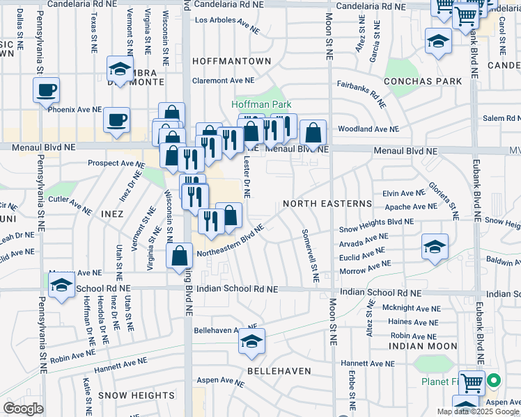 map of restaurants, bars, coffee shops, grocery stores, and more near 2200 Lester Drive Northeast in Albuquerque