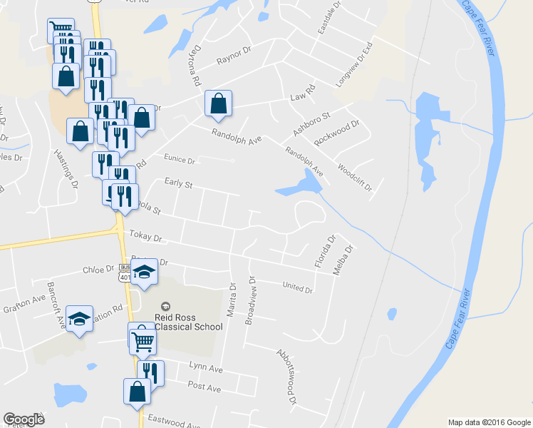 map of restaurants, bars, coffee shops, grocery stores, and more near 3508 Beechnut Court in Fayetteville