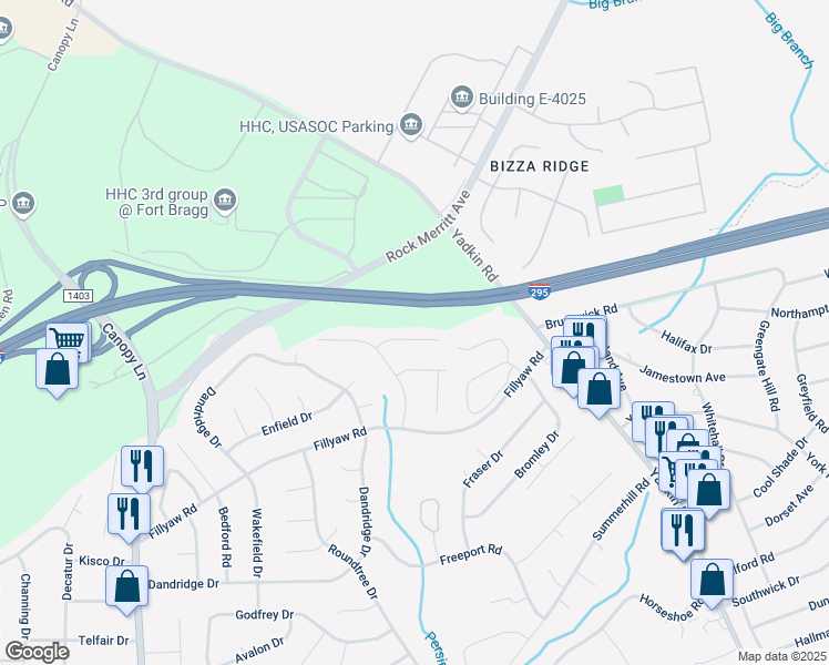map of restaurants, bars, coffee shops, grocery stores, and more near 6472 Kelmscot Court in Fayetteville