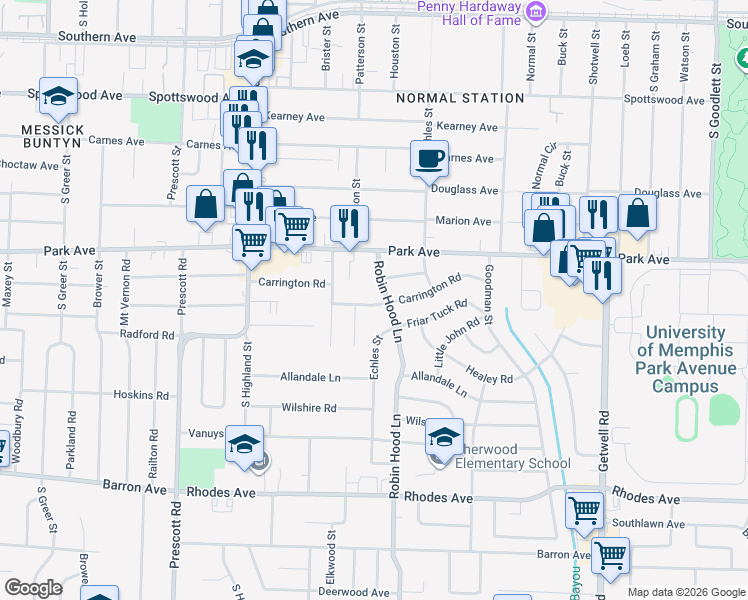 map of restaurants, bars, coffee shops, grocery stores, and more near 926 Robin Hood Lane in Memphis