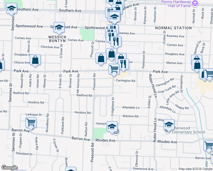 map of restaurants, bars, coffee shops, grocery stores, and more near 3462 Hadley Road in Memphis