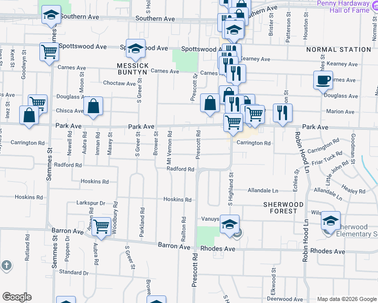 map of restaurants, bars, coffee shops, grocery stores, and more near in Memphis