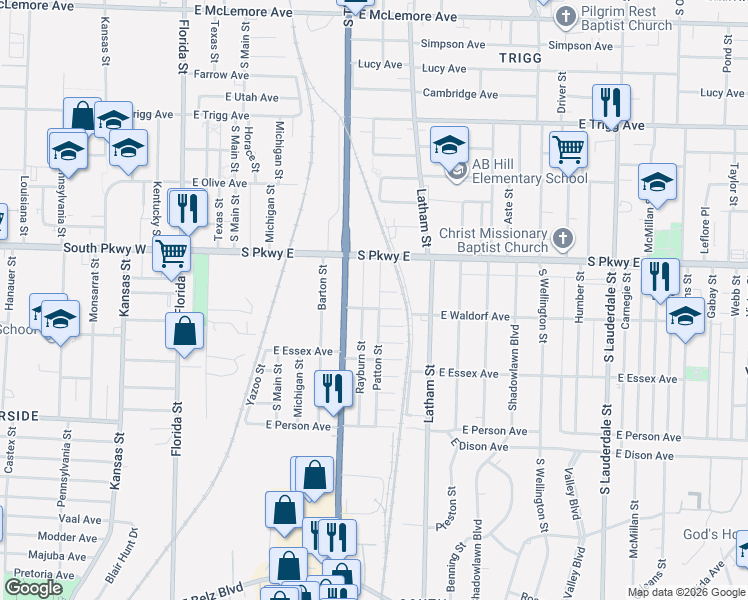 map of restaurants, bars, coffee shops, grocery stores, and more near 1517 Patton Street in Memphis