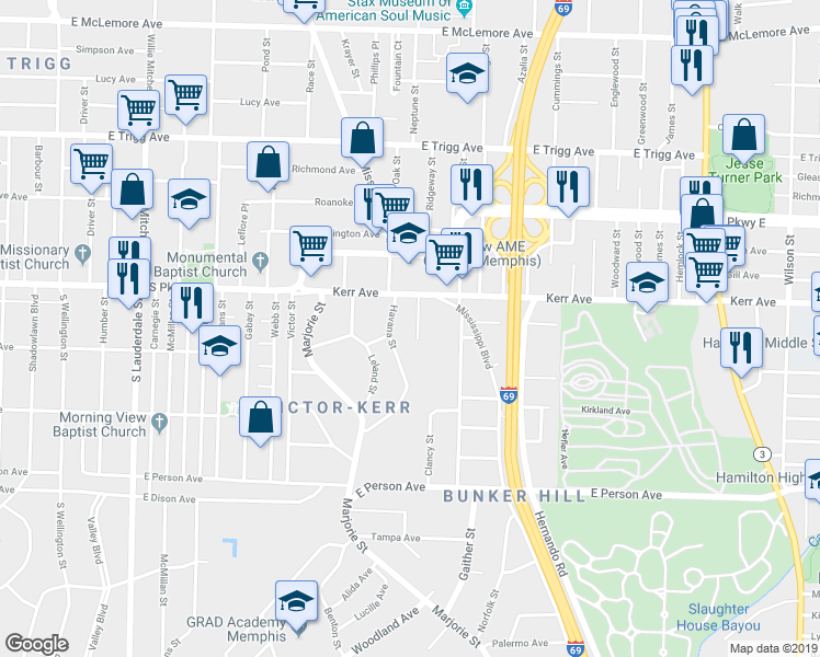 map of restaurants, bars, coffee shops, grocery stores, and more near 1493 Clancy Street in Memphis