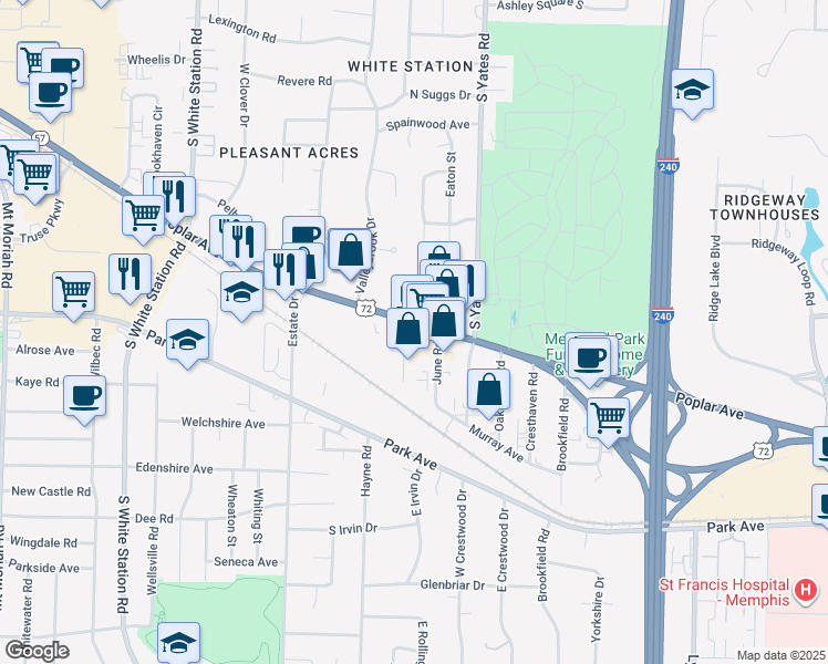 map of restaurants, bars, coffee shops, grocery stores, and more near 5469 Poplar Ave in Memphis