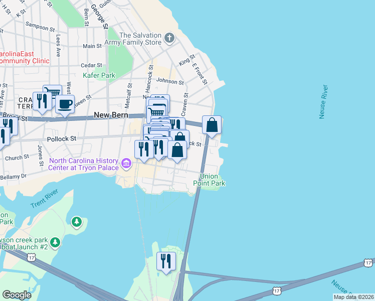 map of restaurants, bars, coffee shops, grocery stores, and more near 219 Pollock Street in New Bern