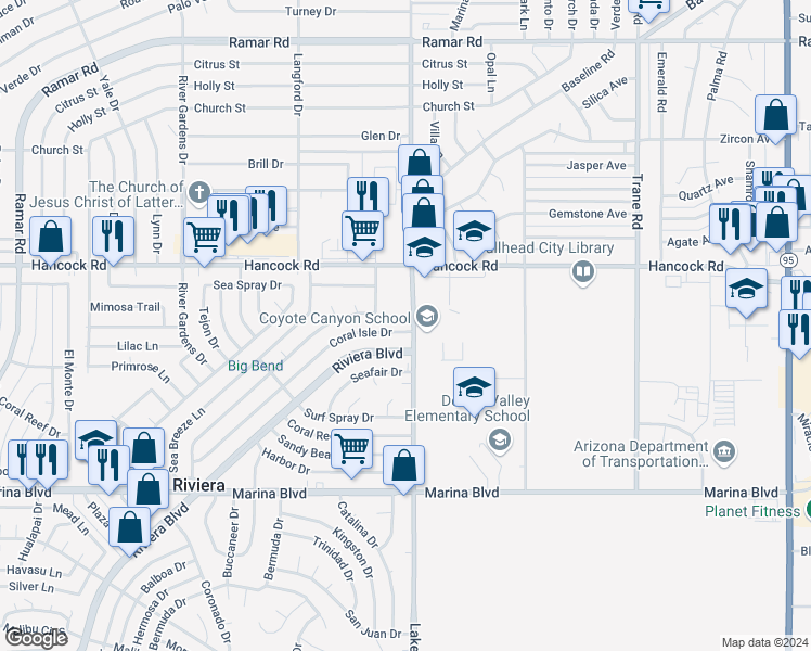 map of restaurants, bars, coffee shops, grocery stores, and more near 1821 Coral Isle Drive in Bullhead City