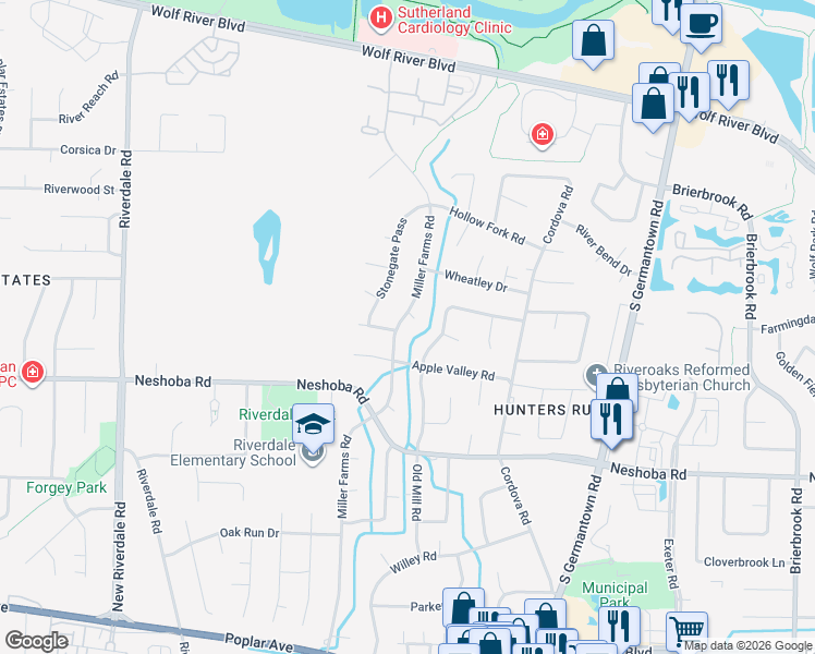 map of restaurants, bars, coffee shops, grocery stores, and more near 1580 Miller Farms Road in Germantown