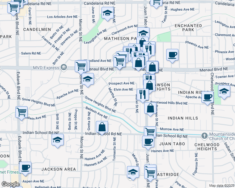 map of restaurants, bars, coffee shops, grocery stores, and more near 10913 Apache Avenue Northeast in Albuquerque