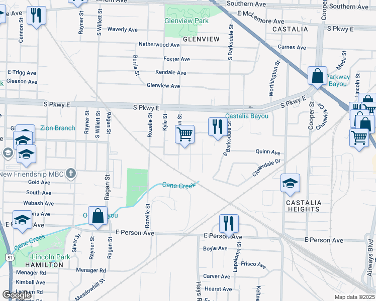 map of restaurants, bars, coffee shops, grocery stores, and more near 1463 South McLean Boulevard in Memphis