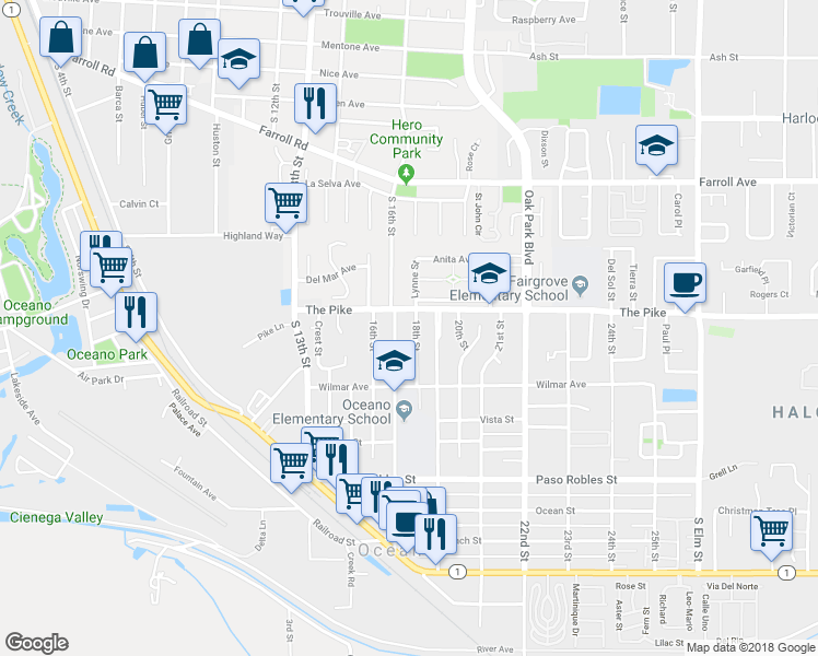 map of restaurants, bars, coffee shops, grocery stores, and more near 1316 18th Street in Oceano