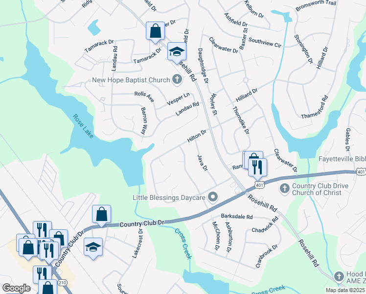 map of restaurants, bars, coffee shops, grocery stores, and more near 3472 McChoen Drive in Fayetteville
