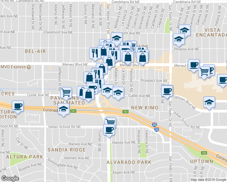 map of restaurants, bars, coffee shops, grocery stores, and more near 2413 Madeira Drive Northeast in Albuquerque