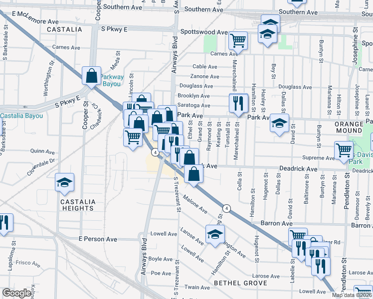 map of restaurants, bars, coffee shops, grocery stores, and more near 1311 Ethel Street in Memphis