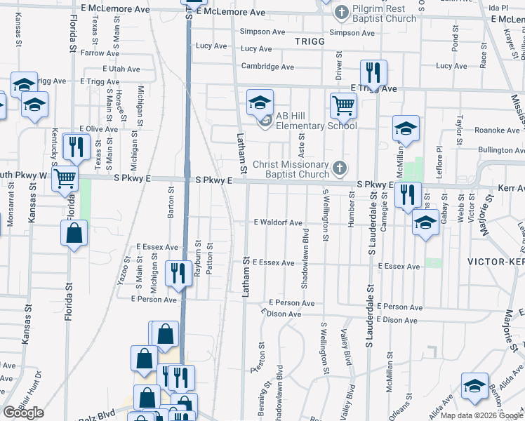 map of restaurants, bars, coffee shops, grocery stores, and more near 1509 Preston Street in Memphis