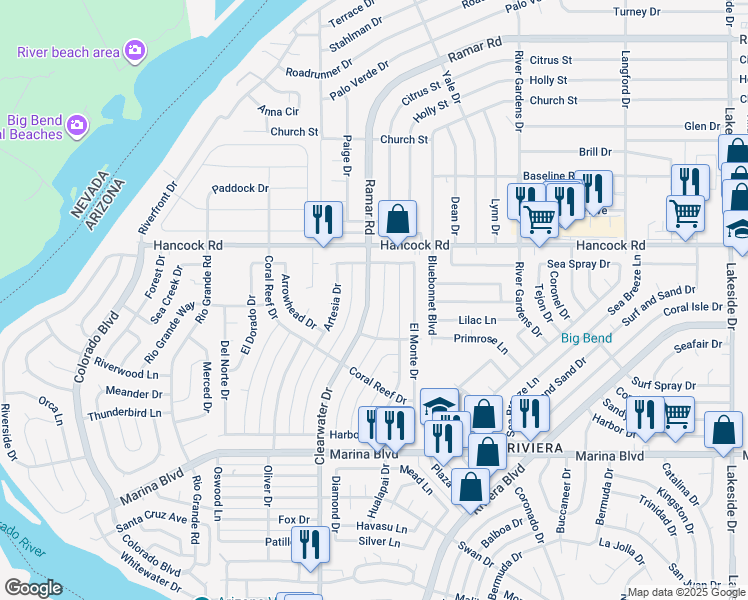 map of restaurants, bars, coffee shops, grocery stores, and more near 1814 Clearwater Dr in Bullhead City