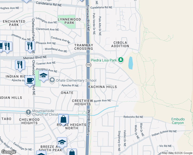 map of restaurants, bars, coffee shops, grocery stores, and more near 2101 White Cloud Street Northeast in Albuquerque