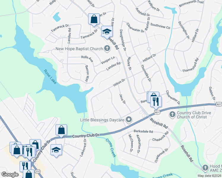 map of restaurants, bars, coffee shops, grocery stores, and more near 3472 McChoen Drive in Fayetteville