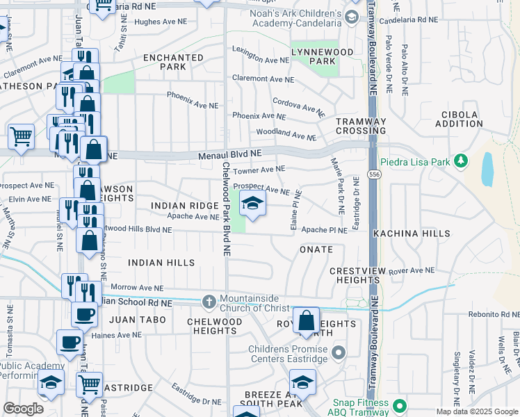map of restaurants, bars, coffee shops, grocery stores, and more near 12412 Apache Place Northeast in Albuquerque