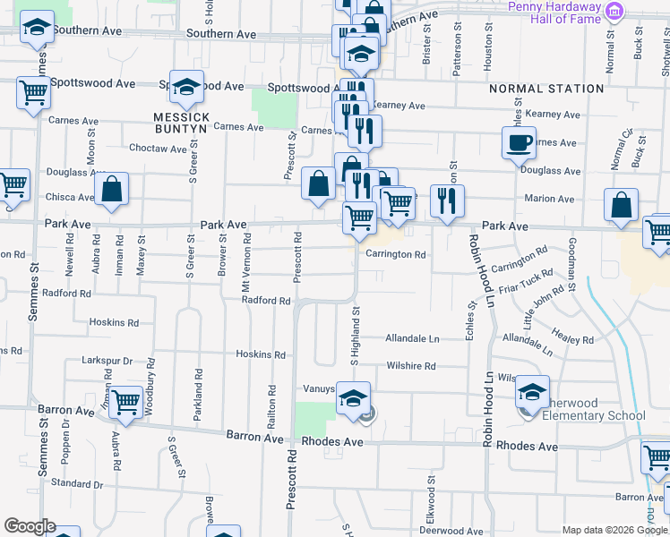 map of restaurants, bars, coffee shops, grocery stores, and more near 3462 Hadley Road in Memphis
