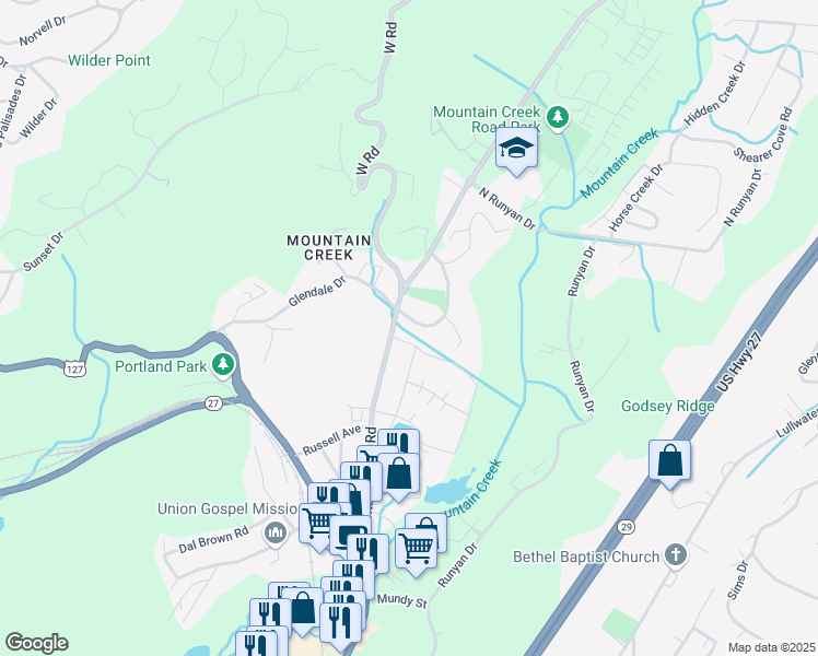 map of restaurants, bars, coffee shops, grocery stores, and more near 936 Mountain Creek Road in Chattanooga