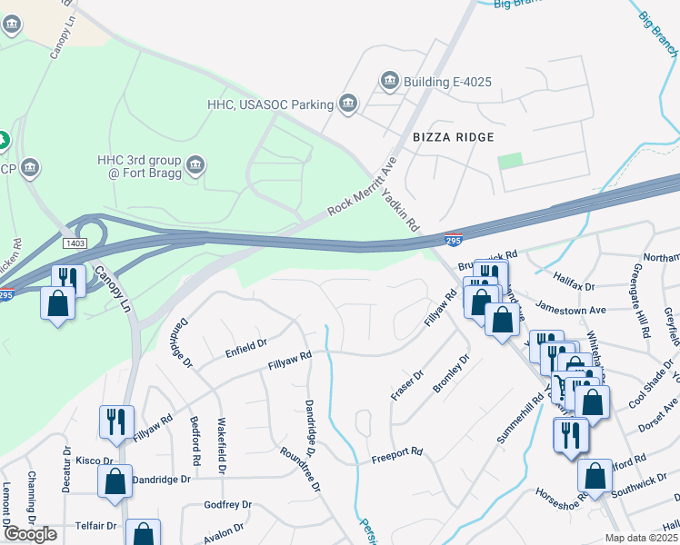 map of restaurants, bars, coffee shops, grocery stores, and more near 6480 Kelmscot Court in Fayetteville