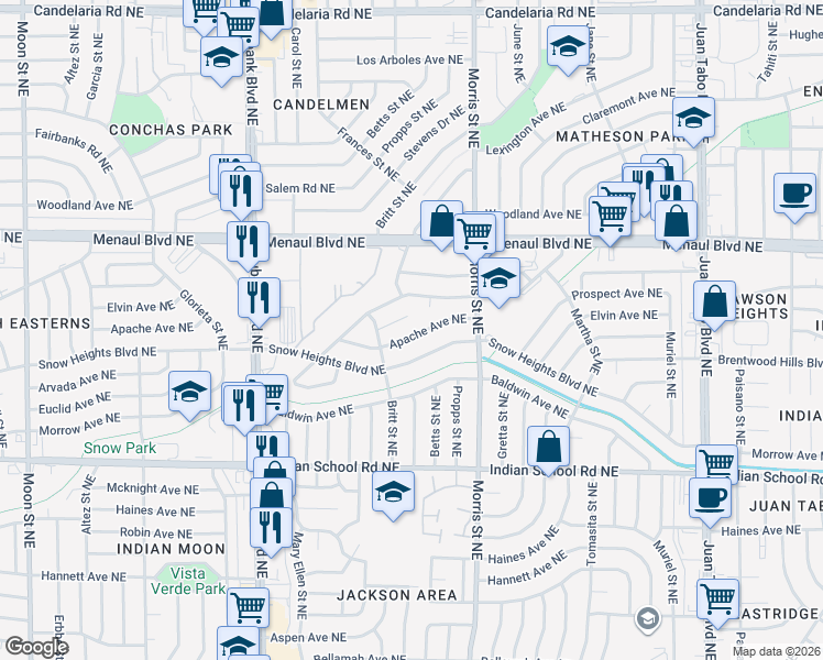 map of restaurants, bars, coffee shops, grocery stores, and more near 10509 Apache Avenue Northeast in Albuquerque