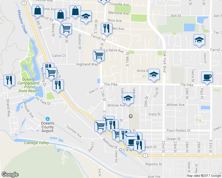 map of restaurants, bars, coffee shops, grocery stores, and more near 1312 Avenida Pelicanos in Oceano