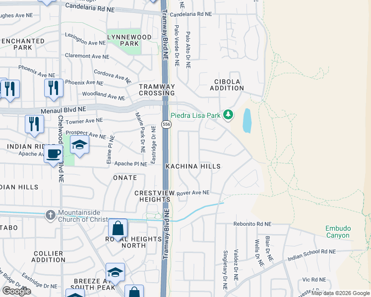 map of restaurants, bars, coffee shops, grocery stores, and more near 2101 White Cloud Street Northeast in Albuquerque