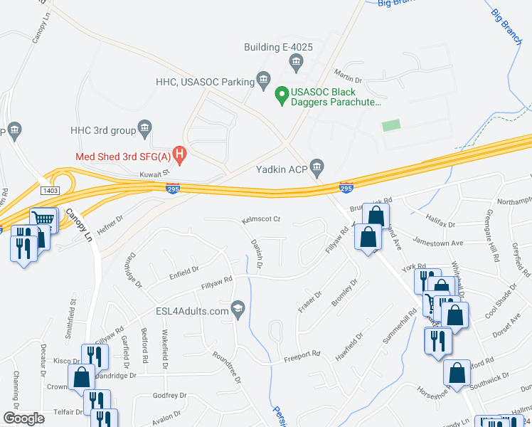 map of restaurants, bars, coffee shops, grocery stores, and more near 6472 Kelmscot Court in Fayetteville
