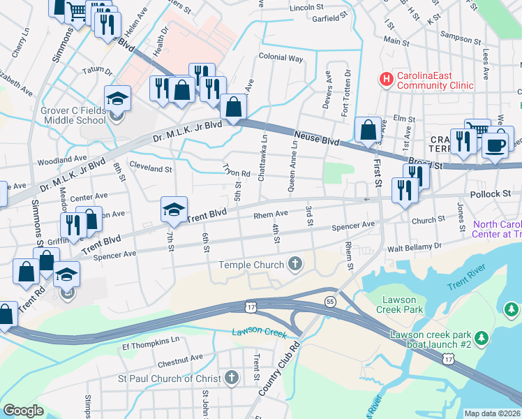 map of restaurants, bars, coffee shops, grocery stores, and more near 1608 Rhem Avenue in New Bern