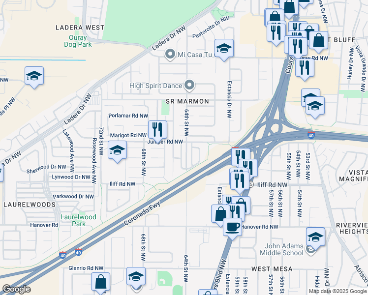 map of restaurants, bars, coffee shops, grocery stores, and more near 1920 Yarbrough Place Northwest in Albuquerque