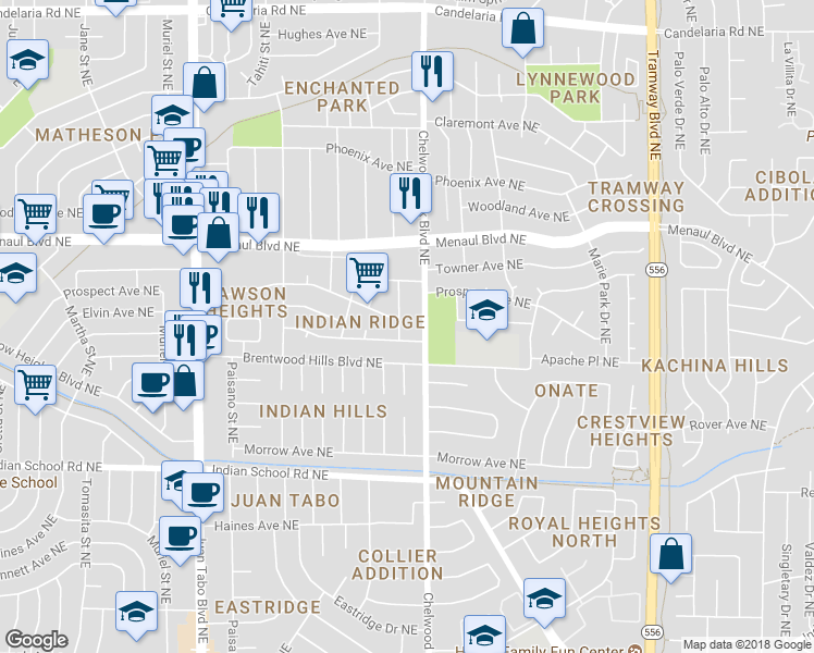 map of restaurants, bars, coffee shops, grocery stores, and more near 2102 Cleopatra Place Northeast in Albuquerque