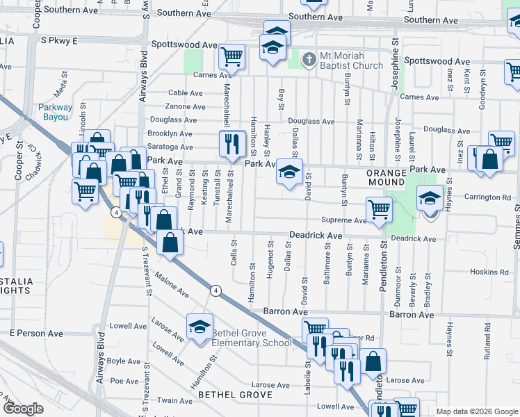 map of restaurants, bars, coffee shops, grocery stores, and more near 1260 Hamilton Street in Memphis